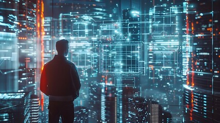 Hacker Infiltrating Corporate Skyscraper s Digital Systems with Holographic Blueprints