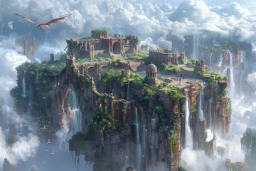 Fototapeta premium A breathtaking floating island with ancient ruins surrounded by cascading waterfalls and ethereal clouds in a mystical landscape