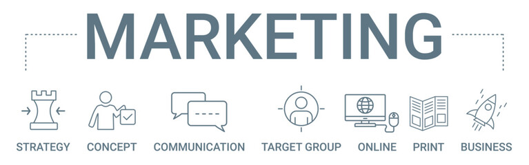Marketing concept banner icon contain of strategy, concept, communication, target group, online, print, and business vector illustration
