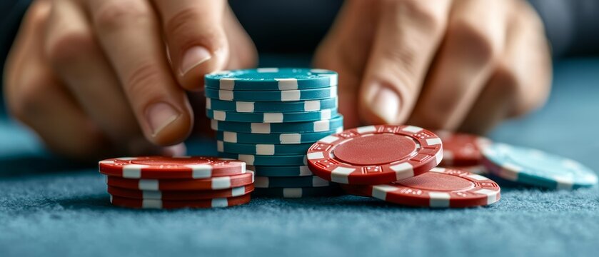 Colorful poker chips being handled on a felt surface, with hands in focus, symbolizing the intensity of poker and the allure of gambling