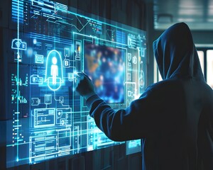 Hooded Hacker Accessing Digital Computer Network Security System on Futuristic Interface