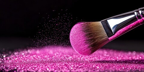 Detailed close-up of a makeup brush applying glittering rose eyeshadow, perfect for tutorials, beauty campaigns, and showcasing vibrant cosmetics
