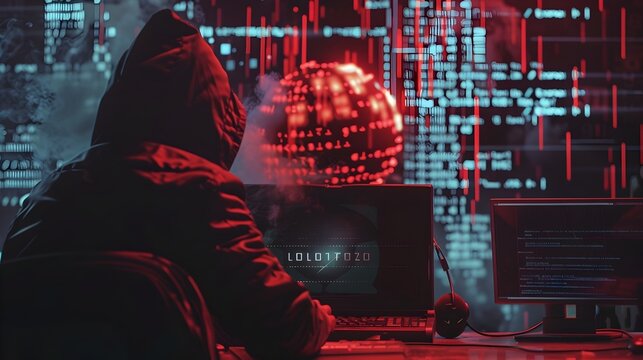 Hooded figure in front of a glowing digital interface with data visualization and cybersecurity concepts