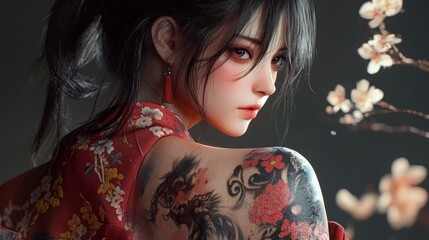 Asian young woman beautiful model with body tattoos art on her back background wallpaper AI generated image