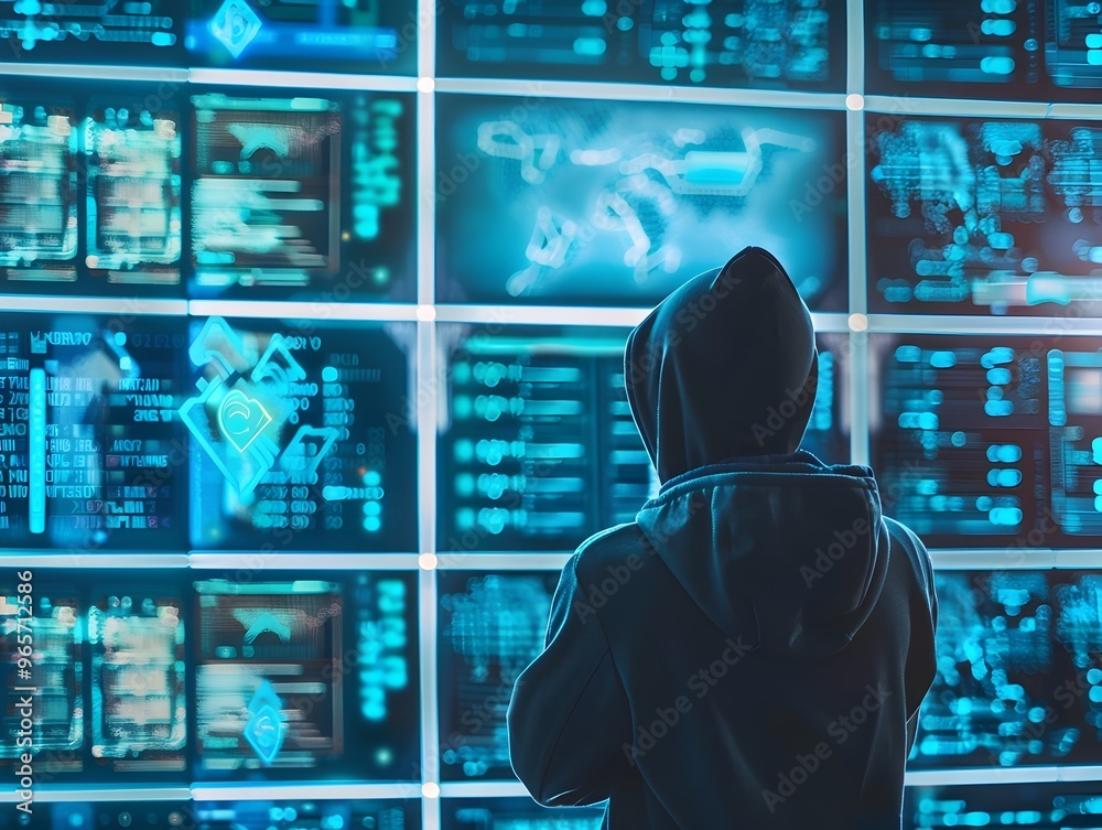 Poster hooded figure standing in front of digital screens displaying various cyber security data and threat