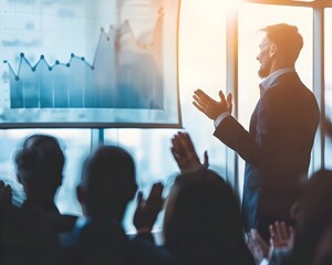 Successful Business Leader Presenting Breakthrough Achievement to Applauding Audience