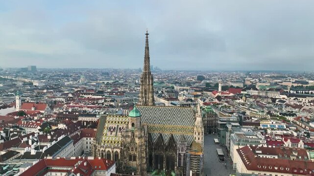 Aerial view of famous places St. Stephen's Cathedral Stephansdom at night. Mother church of the Roman Catholic Archdiocese of Vienna. Austria