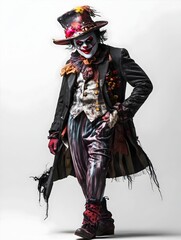 Fototapeta premium Creepy Circus Clown in Vintage Costume with Top Hat and Sinister Makeup - Spooky Halloween Character for Horror, Thriller, and Dark Carnival Themes
