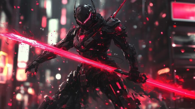 Robot samurai cyberpunk armor steel military warrior technology modern security background wallpaper AI generated image