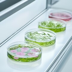 Petri dishes featuring vibrant plant specimens in a laboratory setting, showcasing biological growth and experimentation.