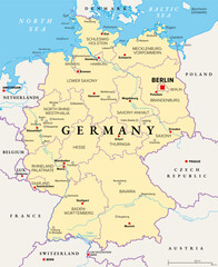 Germany, a country in Central Europe with capital Berlin, political map. The Federal Republic of Germany, with its 16 constituent states, their capitals, and largest cities, and neighbor countries.