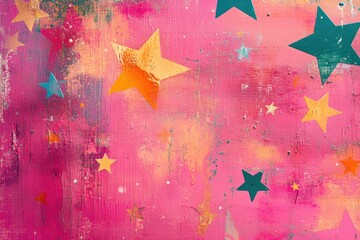 Bright pink artwork featuring an abstract shiny background adorned with stars