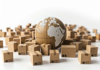 Global delivery concept with a wooden globe surrounded by cardboard boxes representing international shipping and logistics