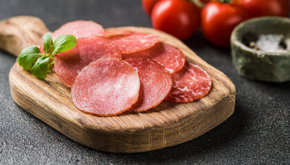 Fototapeta premium Italian soppressata slices, sausage or salami on wooden board, dark stone table, tasty food.