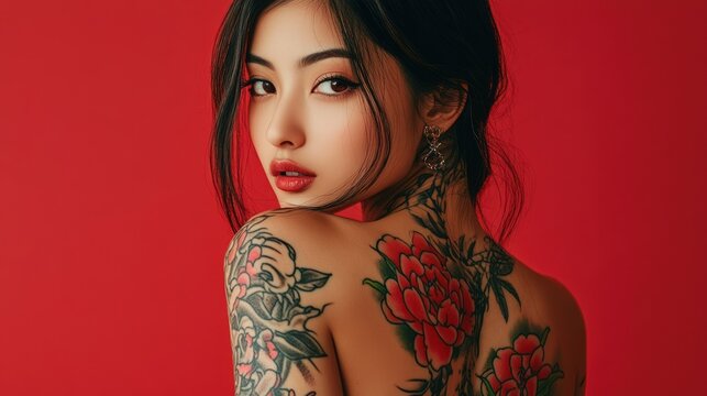 Asian beautiful model young woman tattoos art on her back background wallpaper AI generated image