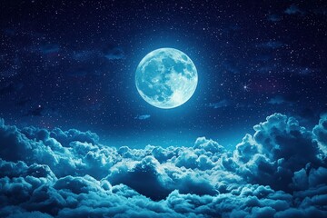 The bright full moon illuminates fluffy clouds, creating a tranquil atmosphere as stars twinkle in the vast night sky. The scene evokes calmness and wonder