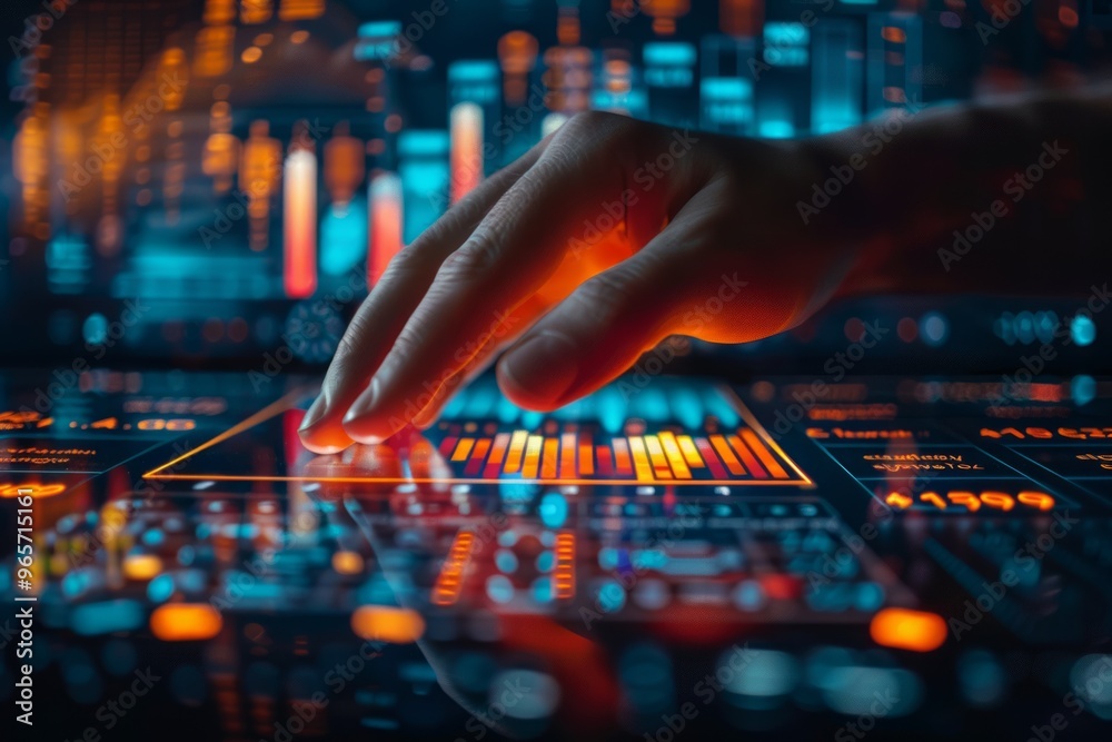 Poster a hand reaching towards a glowing digital interface featuring colorful graphs and data visualization