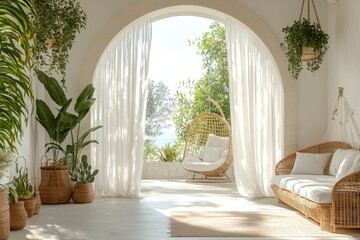 A serene living area showcases a cozy white sofa, lush greenery, and a hanging chair, inviting natural light and a view of nature outside, perfect for relaxation