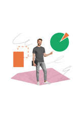 Creative banner poster vertical collage young man worker businessman showing progress dynamic...