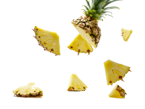 Falling Pineapple slices isolated on Transparent background, full depth of field, lipping path,pineapple in full depth of field, Falling candied fruit, Cut pineapple on transparent background, ring,Ai