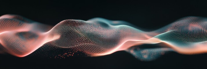 Fototapeta premium Abstract Blurred Wave with Intense Grain and Noise on Black Background, Featuring Retro Wave Aesthetics and Stippled Light Effects for a Highly Textured and Distorted Background Design
