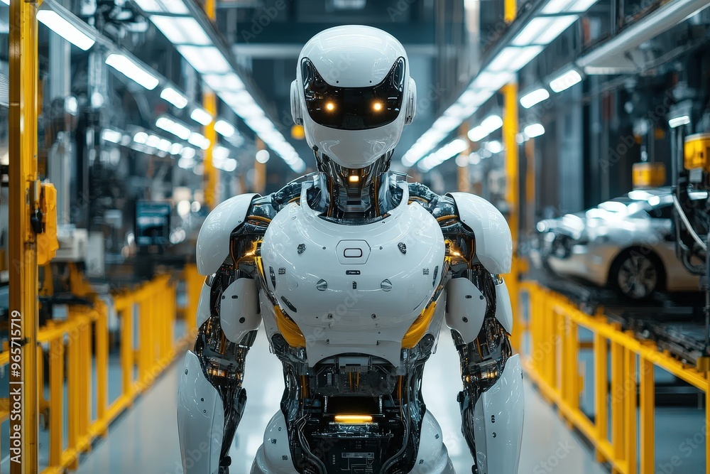 Aufkleber A humanoid robot equipped with advanced technology and glowing eyes is positioned in a modern factory filled with assembly lines and vehicles. The setting showcases innovation in automation