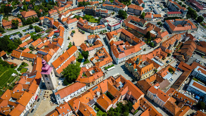 Aerial drone view of Ptuj townscape in Slovenia by river Drava