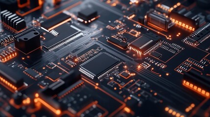 Fototapeta premium Closeup of a Circuit Board with Glowing Orange Lines