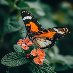 A butterfly with orange and black wings sits on a pink flower.