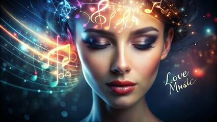 Love Music Young woman with closed eyes and peaceful expression adorned with musical notes and glowing lights, featuring love and music