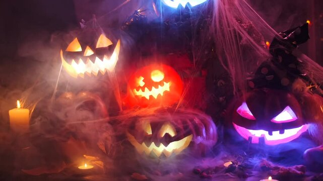 Carved pumpkins in a cobweb is a traditional Halloween decoration for the yard of a house, holiday background with pile of glowing lanterns.