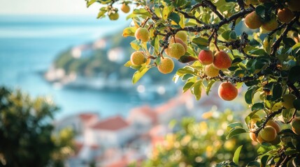 Pear tree with ripe fruit and vintage coastal village town