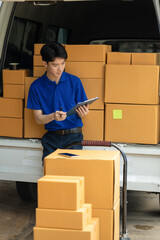 Asian delivery man deliver box parcel package to customer at home in the sun, shipping delivery...