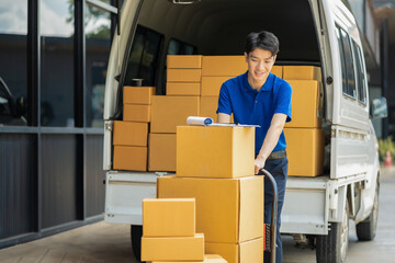 Asian delivery man deliver box parcel package to customer at home in the sun, shipping delivery concept.