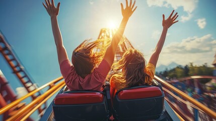 Two friends raising their arms on a thrilling roller coaster ride