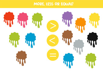 More, less, equal with cartoon paint splashes. Colorful worksheet.