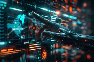 A robotic hand interacting with futuristic digital interfaces in a high-tech environment showcasing advanced technology and data visualization