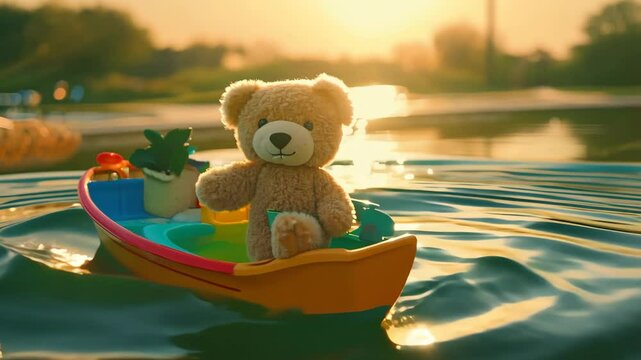 Teddy bear on toy boat floating in small pond with rippling water
