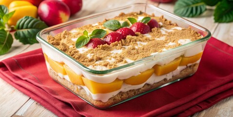Delicious mango float dessert with fresh strawberries and mint garnish