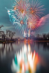 Blurred reflections of New Year's Eve fireworks on a calm body of water, capturing the beauty of the celebration