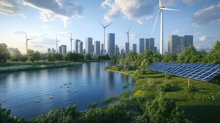 Fototapeta premium A modern city skyline adorned with green energy solutions, including solar panels and wind turbines, set amidst lush greenery