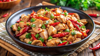 Tender chicken stir-fried with peanuts and chili peppers.