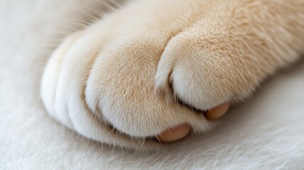 A close-up of a cat's paw resting on a soft surface, showcasing its fur and claws.