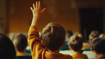 Elementary school student is raising his hand during a lesson to answer his teacher's question