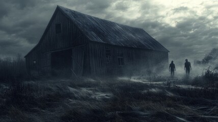 Haunted barn at night with ghostly figures and overgrown cobwebs