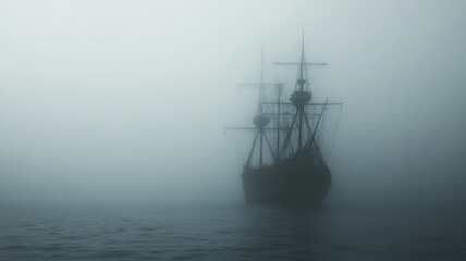 Ghost ship sailing through a foggy sea, eerie and mysterious.