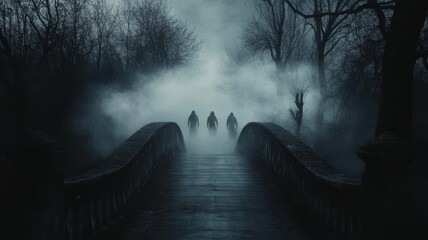 Three ghostly figures walking on a misty bridge at night.