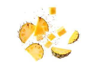 Falling Pineapple slices isolated on Transparent background, full depth of field, lipping path,pineapple in full depth of field, Falling candied fruit, Cut pineapple on transparent background, ring,Ai