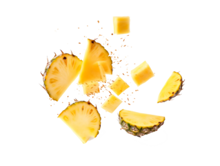Falling Pineapple slices isolated on Transparent background, full depth of field, lipping path,pineapple in full depth of field, Falling candied fruit, Cut pineapple on transparent background, ring,Ai