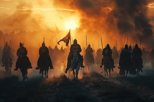 Massive cavalry charge at sunset with riders bearing flags, creating a dramatic silhouette against the fiery sky